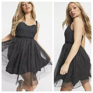 NWT Rare London Women's Mini Skater Dress Black Silver Polka Dot Size 8